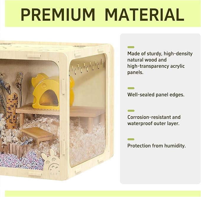 31.5 inch Wooden Hamster Cage, Large Habitat, Openable Top, Transparent Acrylic for Interior View, Ventilated, Easy to Clean, for Syrian Hamster, Dwarf Hamster, Gerbil, Other Small Pet Animals