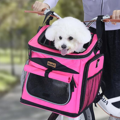 Dog Bike Basket Carrier, Expandable Foldable Dog Basket for Bike, Soft-Sided Dog Bike Carrier Pet Travel Bag, Bike Dog Carrier Backpack Carrier Safe and Easy for Small Cats and Dogs (Pink)