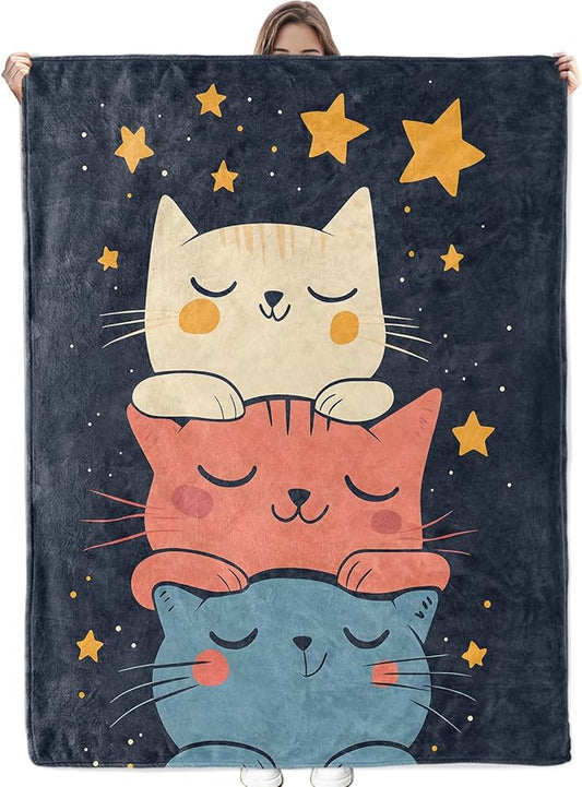 Stacked Cats Blanket Soft Cozy Flannel Throw Blanket, Warm Yet Lightweight Cute Cartoon Kittens Blankets for Travel, Couch, Bed, for Adults Kids Women Girls, Fuzzy Outdoor Comfort Wrap 60"×50"