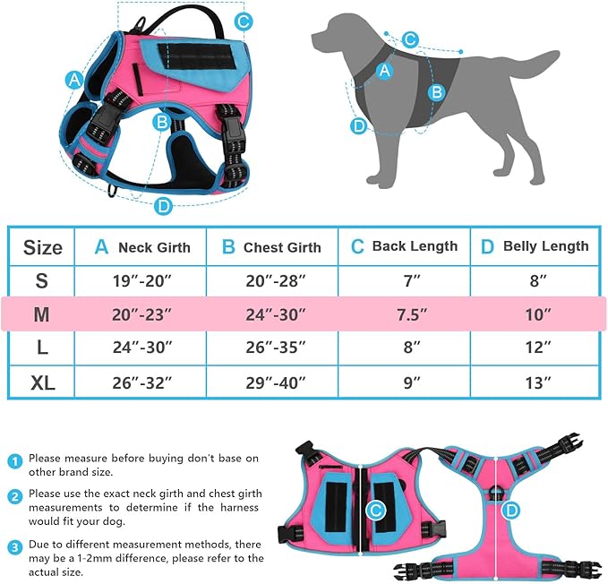 WINGOIN Tactical Dog Harness for Medium Dogs, No Pull Harness with Handle Pockets Poop Bag, Reflective Dog Vest, Military Service Heavy Duty Big Dog Harness for Walking Hiking Training, Pink Blue, M