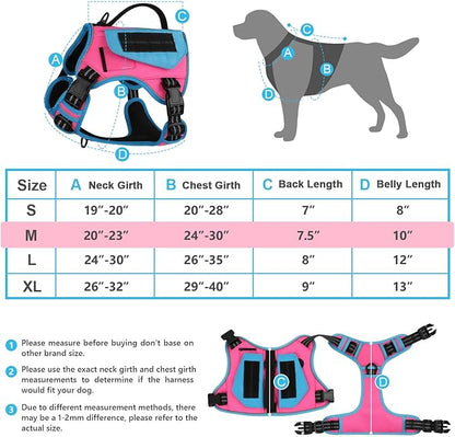 WINGOIN Tactical Dog Harness for Medium Dogs, No Pull Harness with Handle Pockets Poop Bag, Reflective Dog Vest, Military Service Heavy Duty Big Dog Harness for Walking Hiking Training, Pink Blue, M
