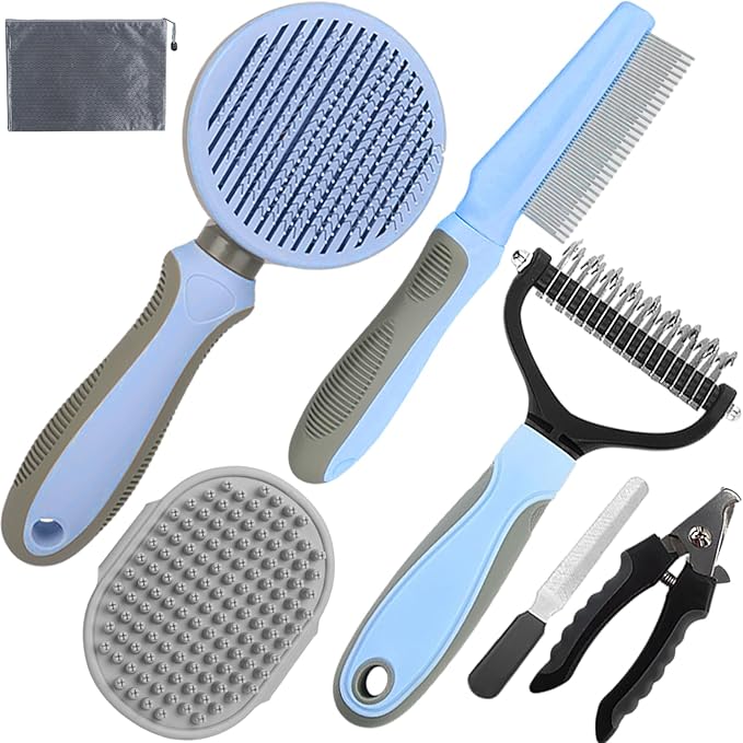 Dog Brush for Shedding, 7 PCS Pet Grooming Kit including Dog Grooming Brush, Deshedding Tool, Dematting Comb, Nail Clipper, Bath Brush for Long & Short Haired Dogs, Cats - Blue