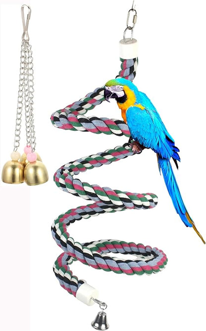 65inch Cotton Bendable Rope(Plus 1 Set 3 Steel Bells) Perch Swing Bird Chew Toys Amazon Parrots Cage Toys with Bell Swing Climbing Standing Bungee Bird Toys for Large to Regular Size Birds