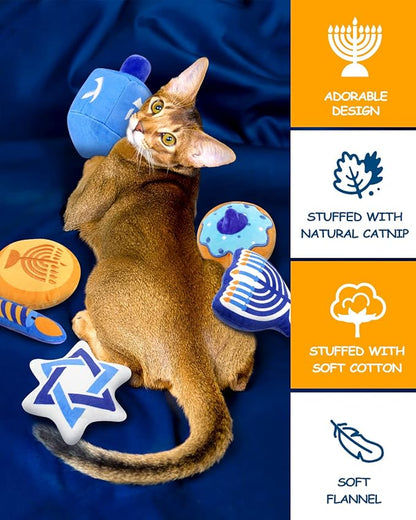 CiyvoLyeen Hanukkah Catnip Toys Set of 6 Soft Holiday Plush Cat Toys Interactive Catnip Filled Kitty Supplies for Cats Lovers Chanukah Gift Dreidel Cat Teething Chew Toy