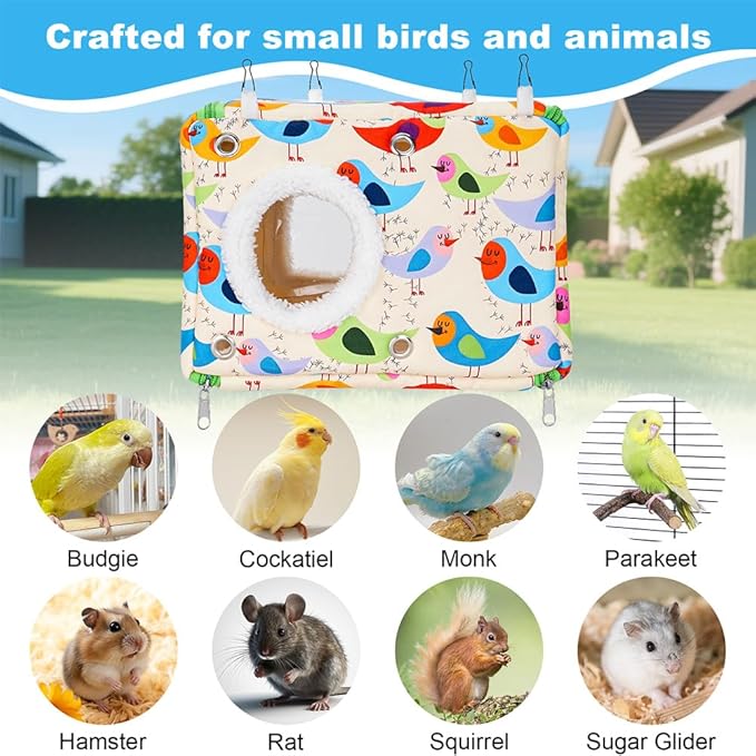 Cotton Bird Bed & Hammock for Cage - Winter Snuggle Nest with Entry Hole, Observation Window & Screw/Chain Mounting for Parakeets, Cockatiels