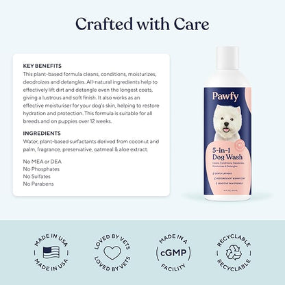 Pawfy Dog Shampoo and Conditioner for Itchy Skin Relief | Puppy Shampoo for Sensitive Skin | Natural 5 in 1 Pet Shampoo with Coconut, Oatmeal & Aloe Vera| Ideal Dog Wash for Smelly Dogs