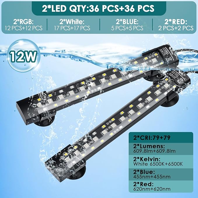 hygger Dual-Channel Controller Submersible Aquarium LED Light, 24/7 Mode Full Spectrum Hidden Fish Tank Light with 3 Rows Beads 7 Colors Auto On Off, Adjustable Timer Brightness (2)