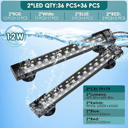 hygger Dual-Channel Controller Submersible Aquarium LED Light, 24/7 Mode Full Spectrum Hidden Fish Tank Light with 3 Rows Beads 7 Colors Auto On Off, Adjustable Timer Brightness (2)