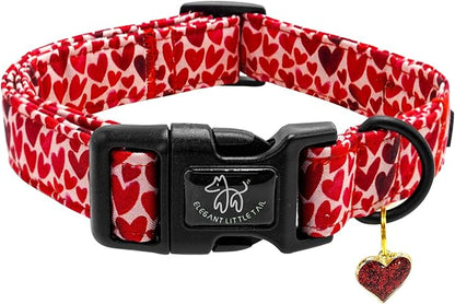 Elegant little tail Valentine's Day Dog Collar-Cute Red Heart Dog Collar for Small Dogs, Female or Male Adjustable Cotton Pet Collar with Quick Release Buckle for Small Medium Large Dogs