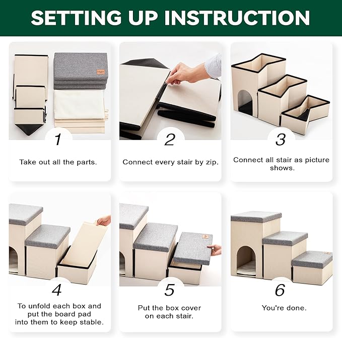 Love's cabin Dog Stairs for Small Medium or Large Dogs with Storage and Condo,Foldable Dog Steps for Bed or Couch,3-Step Gray Folding Cat Dog Ramp with Zip up to 210 lbs,Light Grey