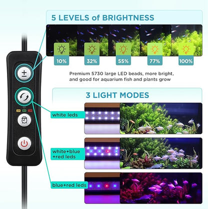 hygger 7W Full Spectrum Aquarium Light with Aluminum Alloy Shell and Plastic Extendable Brackets, White Blue Red LEDs, External Controller, for Freshwater Fish Tank (5-8.5 inch)