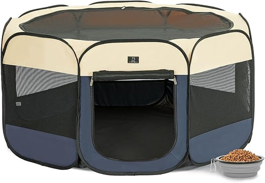 A4Pet Dog Playpen, Portable Pet Playpen, Pop Up Dog Playpen Indoor/Outdoor - Ideal for Dogs, Cats - Removable Zipper & Collapsible Travel Bowl