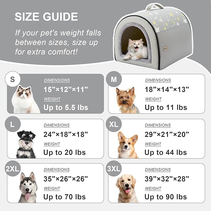 Jiupety Cozy Small Pet Dog House, 2 in 1 Puppy House, S Size for Cat and Puppy, Warm Cave Sleeping Nest for Cats and Dogs, S(15"×12"×11"), Up to 5.5 Lb, Grey