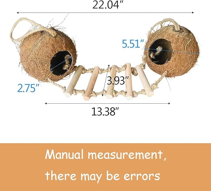 Bird Coconut Hides Nest with Ladder Parrot Cage Hanging Natural Coco Shell Hut Hide Toy with Wooden Bridge Hollow Hideaway Toys for Parakeet Lovebird Finch Canary 2PCS