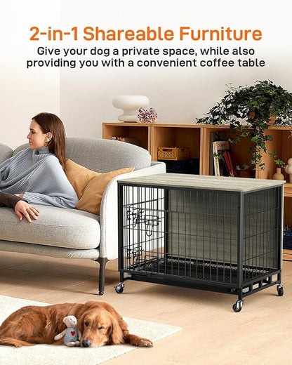 Dog Crate Furniture, Dog Kennel with Dual Doors, Dog Crates Furnitures with Removable Tray & 360° Wheels, Indoor Home for Small Dogs (Grey & Black, Small)