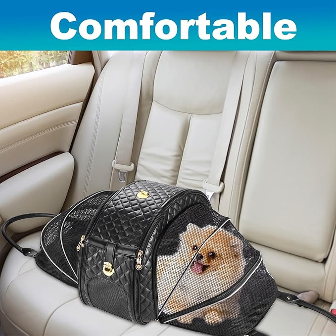 Dog Purse Carrier for Small Dogs, 2-Side Expandable Small Dog Carrier, Holds Up to 10lbs PU leather Pet Carrier, Cat Carrier, Airline Approved Puppy Purse Carrier for Travel (Black, Small Size)