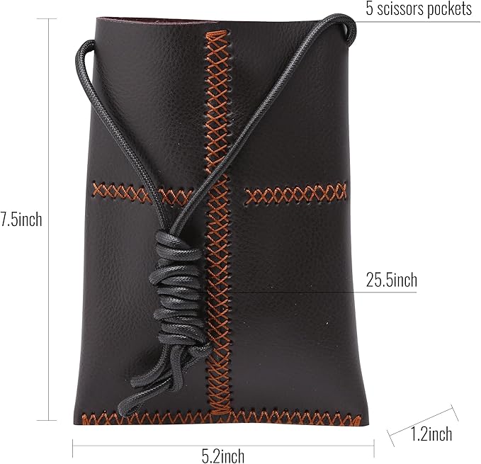 Dog Grooming Scissors Storage Bag: Hand-stitched, Show-quality Head Layer Calf Leather, Holds 5 Pairs of Dog Grooming Scissors Brown