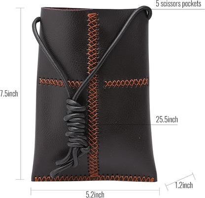 Dog Grooming Scissors Storage Bag: Hand-stitched, Show-quality Head Layer Calf Leather, Holds 5 Pairs of Dog Grooming Scissors Brown