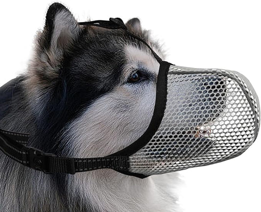 Dog Muzzle, Breathable Soft Muzzle for Extra Large Dogs to Anti & Prevent Barking Biting Chewing, Reflective & Adjustable Basket Muzzle with Air Mesh for German Shepherd Grey XXL