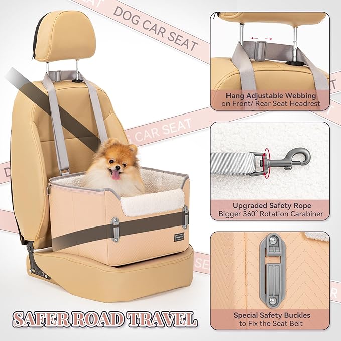 PETSFIT Cat Car Seat, Waterproof PU Leather Dog Booster Car Seat with Patented Safe Buckles, Clip-On Leash, Pet Travel Carrier Bed for Small Pets Up to 25lbs (Orange)