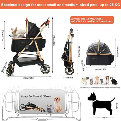 MILA&LOUIS Dog Stroller for Medium Dogs, Lightweigh Pet Stroller for Small Dogs with 4 Upgraded Wheel, Dog Strollers with Cup Holder, Hook, Fashion Gold Puppy Stroller with Detachable Aluminum Cradle