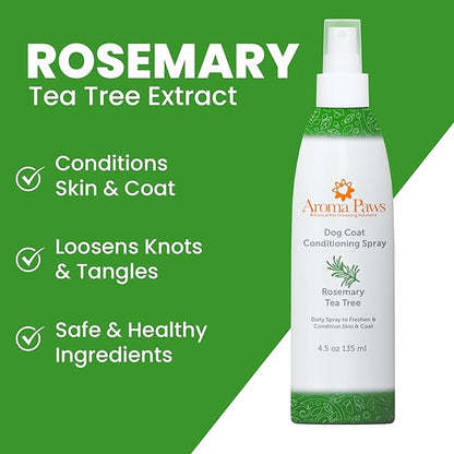 Scented Dog Coat Spray  Cleansing, Conditioning, Moisturizing  Toxin Free, Healthy Ingredients  Aromatic Grooming Puppy Spray  Loosens Knots, Tangles  4.5 Oz., Rosemary Tea Tree