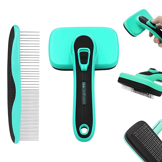 Dogs Self Cleaning Slicker Brush with Comb | Shedding & Grooming Tool | Gentle on Sensitive Skin | Removes Loose Fur, Undercoat, Mats | Suitable for Large, Medium, Small Breeds.