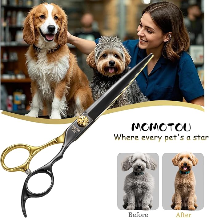 7'' Professional Straight Dog Grooming Scissors with Decorative Screw Sharp and Durable Black and Gold 440C Stainless Steel Dog Shears Easy Use for Groomers and Home user.