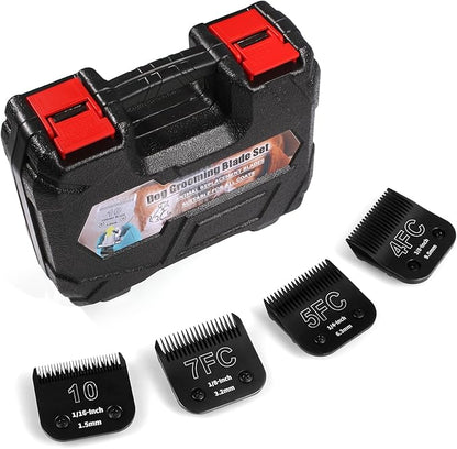 4 Pack Detachable Dog Grooming Steel Blades with Blade case Holder,Compatible with Andis,Oster A5,Wahl KM-10 Series,Cutting Length 1/16" to 3/8"(10+7FC+5FC+4FC-Black)