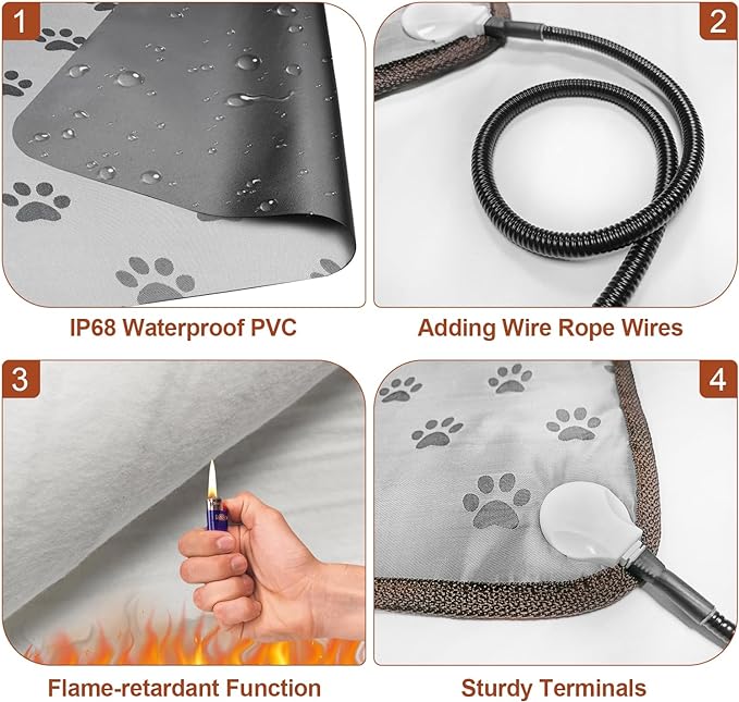 Pet Heating Pad 22x18 in Cat Heating Pads for Cats Waterproof Smart Thermostat Switch, Adjustable Heated Cat Bed, Adding Wire Rope Wires Cat Warming Pad-Rose