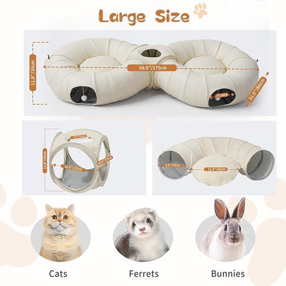 Pawaboo 2-in-1 Cat Tunnel Bed for Indoor Cats, 8-Shaped Large Cat Tunnels with Plush Cushions, Foldable Cats Cave Hideout Kitty Toys with Fluffy Balls, Donut Tunnel for Kitten Rabbit Ferret,Beige