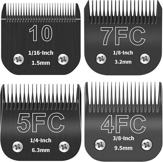 10# 7FC 5FC 4FC Detachable Pet Dog Grooming Blades, Compatible with Ainds, Oster A5, Wahl KM-10 and Other Series Clippers, Size: 1.5~9.5mm Cut Length. Black-4Pcs.