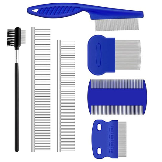7 Pieces Dog Combs Kit, FAURAPMNG Stainless Steel Dog Cat Flea Lice Comb with Rounded Teeth, Pet Tear Stain Remover Comb, Professional Pet Grooming Tool for Small, Medium & Large Pets