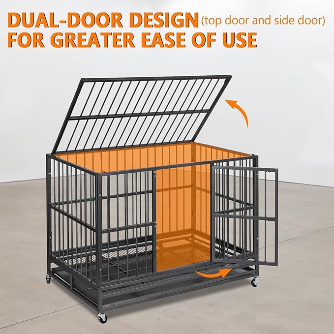 48  Heavy Duty Dog Crate, Cage Kennel with Wheels&Brakes, High Anxiety Indestructible, Sturdy Locks Design, Double Door and Removable Tray, for Large Pets
