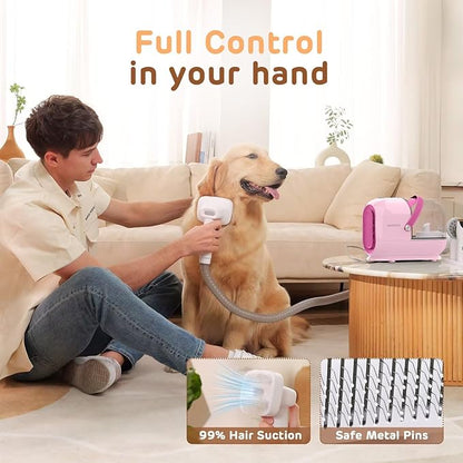 Dog Grooming Vacuum Kit - 3L Vacuum with 7 Tools, Low Noise Electric Clipper and Brush for Pet Shedding at Home, Pink
