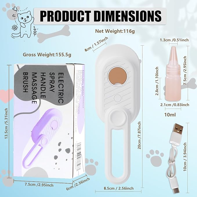 Cat Brush with Steam Cat Grooming Steamy Brush Misting Brush with Adjustable Handle for Cats Dogs Rabbits ALD-002-W (White)