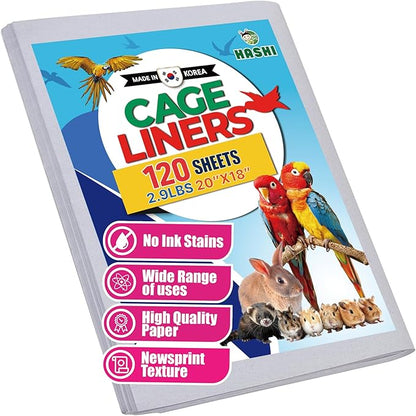 HA SHI Bird Cage Liner - 120 Paper Sheets, 20" x 18", 2.9 lb - Suitable for Pet Habitats, Bulk Quantity for Extended Use, Newsprint Texture, Parcel Packaging