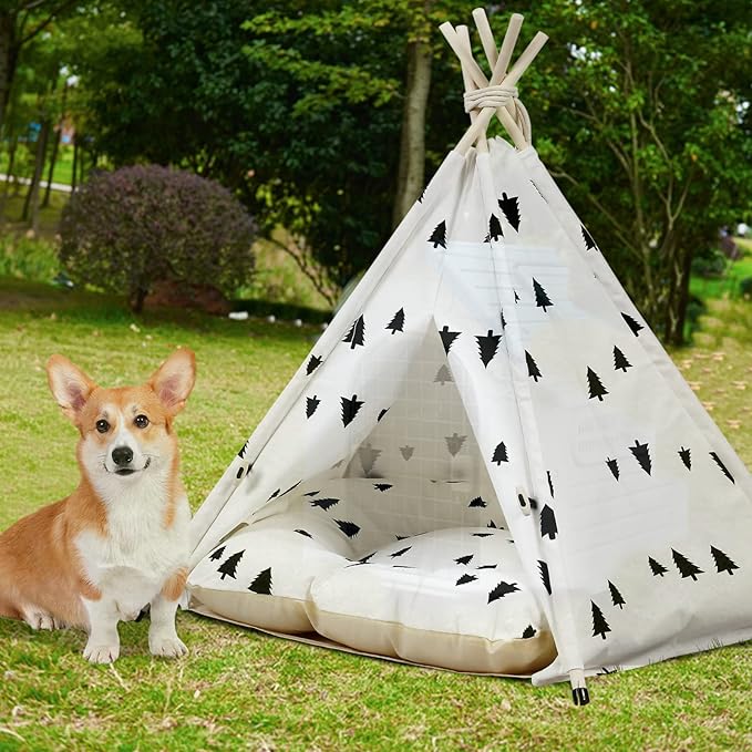 Pet Teepee with Cushion for Dogs and Cats Puppies House with Bed Pet Tent Bed Indoor Outdoor (Classic)
