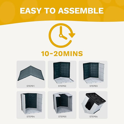 DWVO Robust Weatherproof Dog House, Indoor & Outdoor Safe Haven for Small to Medium Dogs, Easy Assembly & Cleaning (28.5''L*26''W*28''H, Grey)