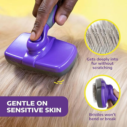Hertzko Self-Cleaning Slicker Brush - Cat and Dog Brush for Shedding, Tangles and Dirt - Gentle Grooming Tool for Sensitive Skin - Pet Hair Remover for Long and Short Coats - Purple