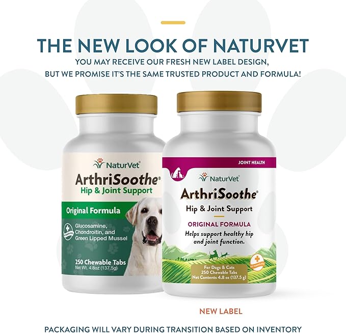 NaturVet ArthriSoothe Hip & Joint Formula Pet Supplement for Dogs & Cats  Includes Glucosamine, MSM, Chondroitin, Boswellia, Green Lipped Mussel  Supports HIPS, Joints  250 Ct.