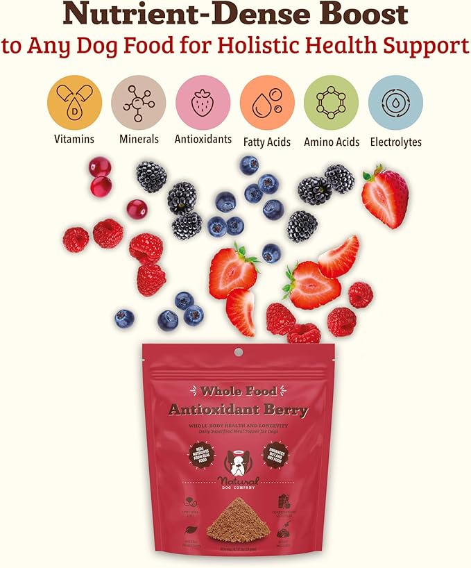 Natural Dog Company Dog Food Topper, Antioxidant Berry Granules for Dogs, Natural Dog Vitamins & Superfood Topper, Holistic Dog Nutrition, Dog Immune Support, Berry Dog Supplement, 8oz Resealable