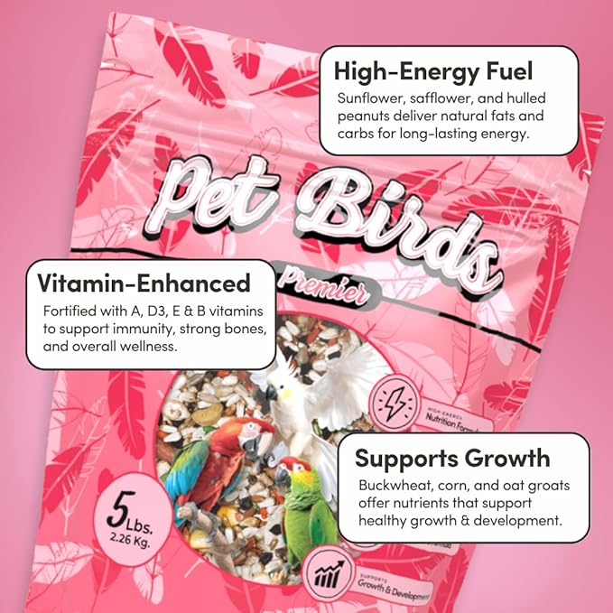 Mycelium Organic Pet Bird Premier Bird Seed (5 LBS) | Premium Food for Parrots, Cockatoos, & Large Birds | High-Protein, Vitamin-Fortified, Growth & Development Support | USA Made, Non-GMO