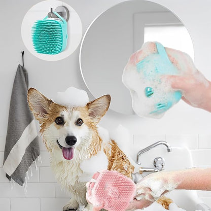 2Pcs Pet Bath Scrubber Brush, Dog Grooming Massage Shampoo Bath Brush with Soap and Shampoo Dispenser Soft Silicone Bristle for Long Short Haired Dogs Cats Shower (Blue&Pink)