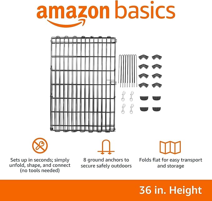 Amazon Basics Foldable Octagonal Metal Exercise Dog Playpen - Indoor/Outdoor, No Door, Medium (8 Panels, 24 x 36), Easy to assemble, store, and customize, 36" - Medium, Black