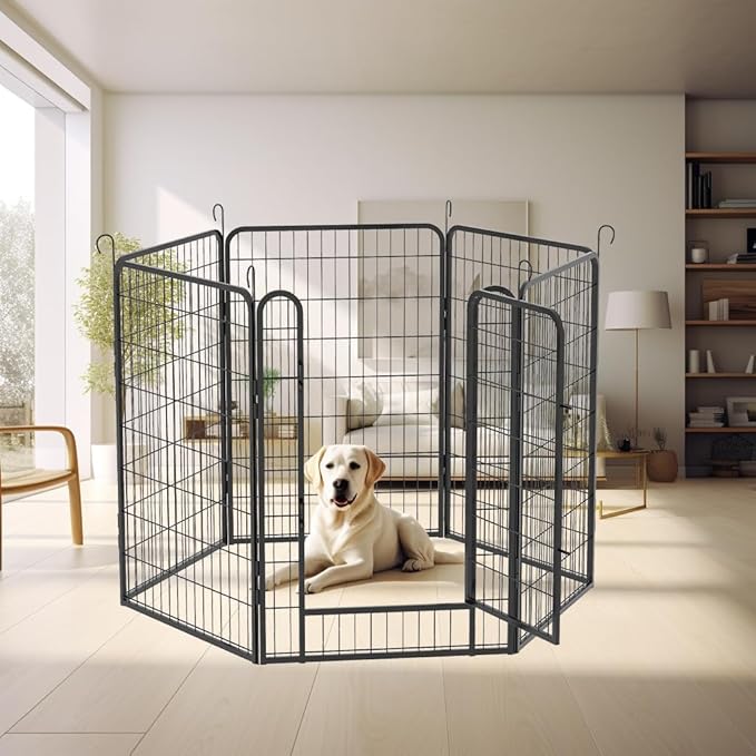6 Panels Dog Playpen Heavy Duty Metal Fence,39.37" Height Outdoor Indoor Pen Anti-Rust with Doors Portable for RV Camping Yard,Black