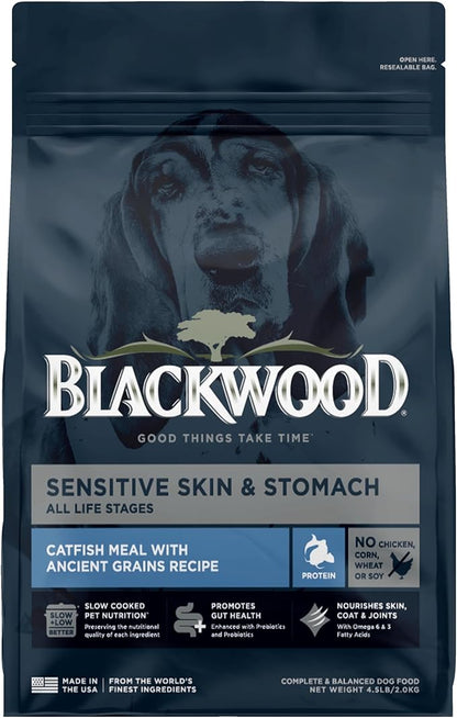 Blackwood Sensitive Skin & Stomach Dry Dog Food, Catfish Meal & Brown Rice with Ancient Grains, 4.5 Pound Bag with Prebiotics & Probiotics to Promote Gut Health
