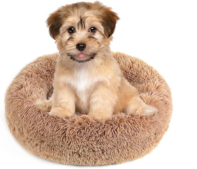 NOYAL Calming Donut Dog Bed for Small to Medium Dogs & Cats - Plush Faux Fur Anti-Anxiety Pet Bed with Machine Washable Cover & Non-Slip Base