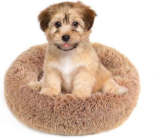NOYAL Calming Donut Dog Bed for Small to Medium Dogs & Cats - Plush Faux Fur Anti-Anxiety Pet Bed with Machine Washable Cover & Non-Slip Base