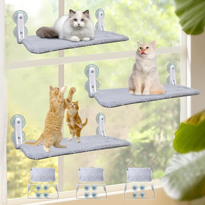 L&W BROS. 3Pc Heavy Duty Cat Window Perch, 50lb Load Foldable Hammock with Strong Suction Cups, Window Bed for Large & Multiple Cats (M 3Pc)